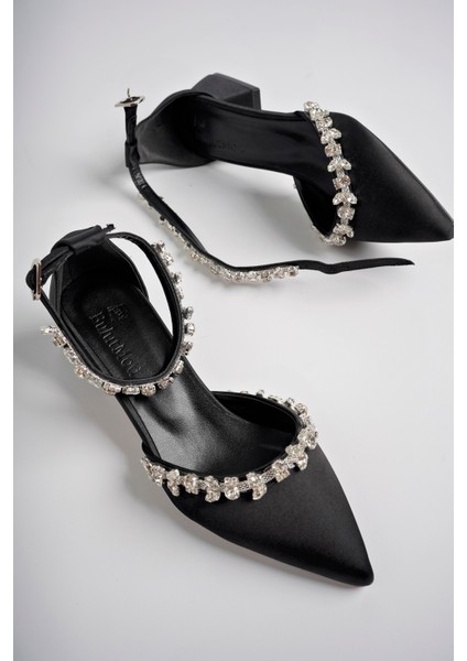 BA04490 Siyah S Kadın Ön Bilek Taşlı Abiye Kısa Klasik Topuklu Ayakkabı - Siyah Saten - 40 modelleri