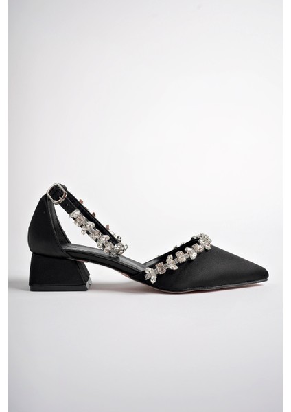 BA04490 Siyah S Kadın Ön Bilek Taşlı Abiye Kısa Klasik Topuklu Ayakkabı - Siyah Saten - 40 indirimleri