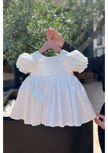 Balon Kol Saten Kırık Beyaz Kız Çocuk Bebek Abiye Elbise