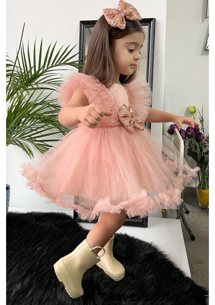 Pul Payet Süslemeli Kabarık Tül Etek Tütü Kız Çocuk Bebek Abiye Elbise