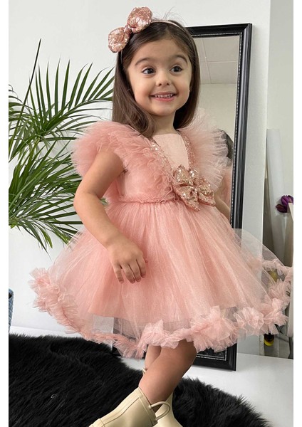 Pul Payet Süslemeli Kabarık Tül Etek Tütü Kız Çocuk Bebek Abiye Elbise