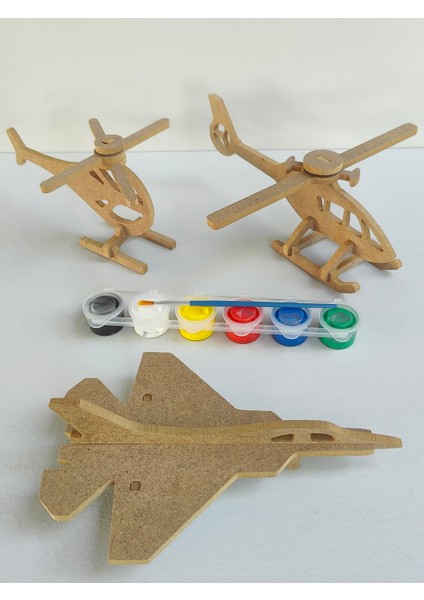 18 Parça Boyanabilir Ahşap Uçak ve Helikopterler Boyama Seti / Okul Öncesi Boyama Etkinliği