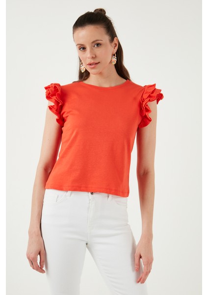 Pamuklu Kolları Fırfırlı Slim Fit Bisiklet Yaka T Shirt Kadın T Shirt 5864500 indirimleri