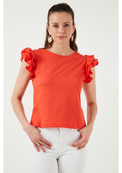 Pamuklu Kolları Fırfırlı Slim Fit Bisiklet Yaka T Shirt Kadın T Shirt 5864500 modelleri