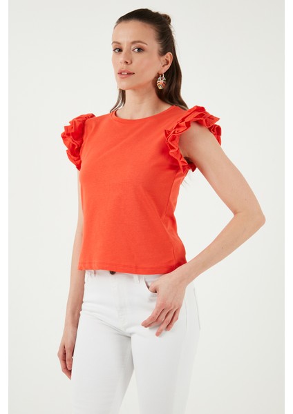 Pamuklu Kolları Fırfırlı Slim Fit Bisiklet Yaka T Shirt Kadın T Shirt 5864500 fırsatları