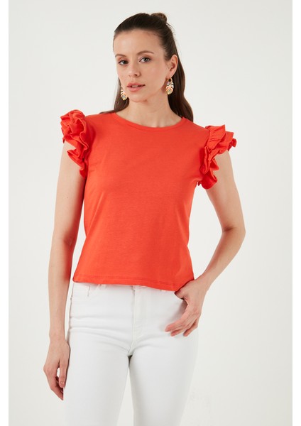 Pamuklu Kolları Fırfırlı Slim Fit Bisiklet Yaka T Shirt Kadın T Shirt 5864500