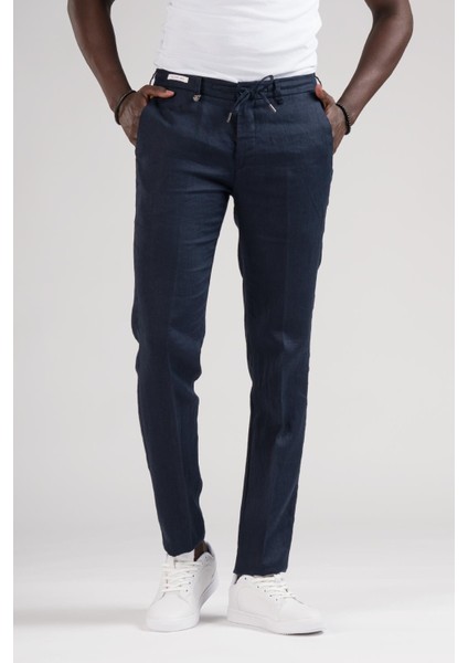 Slimfit Beli Lastikli ve Iplikli %100 Linen Ham Keten Jogger Pantolon