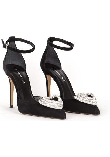 Kadın Taşlı Bilek Bağlama Sivri Burun Stiletto Süet Gerçek Deri Sy 27495 Siyah