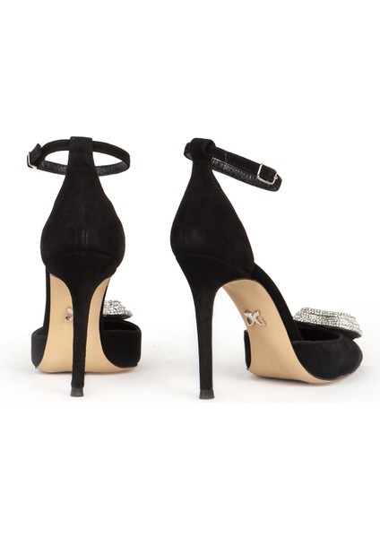 Kadın Taşlı Bilek Bağlama Sivri Burun Stiletto Süet Gerçek Deri Sy 27495 Siyah