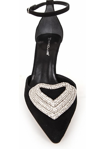 Kadın Taşlı Bilek Bağlama Sivri Burun Stiletto Süet Gerçek Deri Sy 27495 Siyah