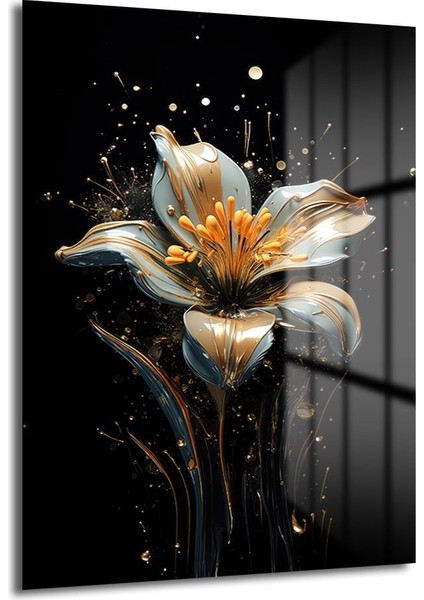 Akışkan Altın Çi̇çek Dekorati̇f Di̇key Cam Tablo, Ev Dekorasyon, Ofi̇s Dekorasyon