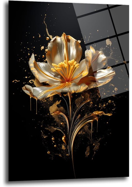 Altın Çi̇çek Patlaması Dekorati̇f Di̇key Cam Tablo, Ev Dekorasyon, Ofi̇s Dekorasyon