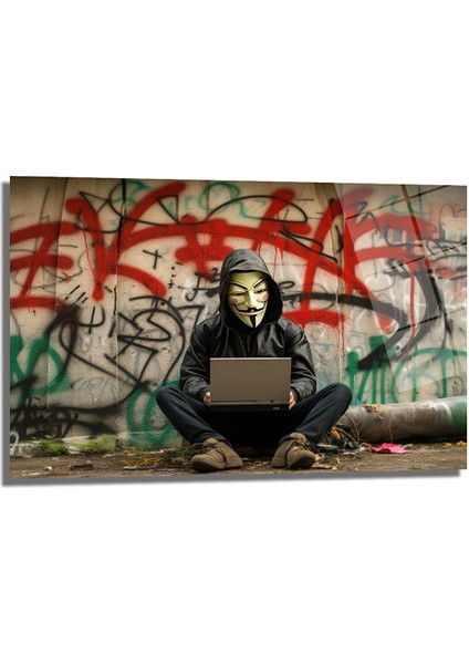 Hacker Sokak Sanatı Dekorati̇f Yatay Cam Tablo, Ev Dekorasyon, Ofi̇s Dekorasyon