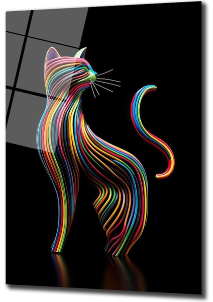 Renkli̇ Çi̇zgi̇ler Kedi̇ Dekorati̇f Di̇key Cam Tablo, Ev Dekorasyon, Ofi̇s Dekorasyon fiyatları
