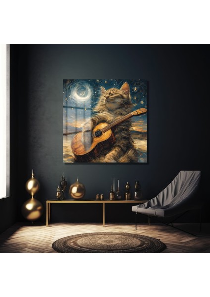 Müzi̇syen Mi̇sti̇k Kedi̇ Kare Cam Tablo modelleri