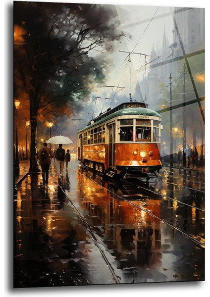 Yağlı Boya Görünümlü Tramvay Dekorati̇f Di̇key Cam Tablo