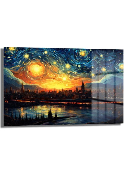 Van Gogh Tarzı Gece Dekorati̇f Yatay Cam Tablo