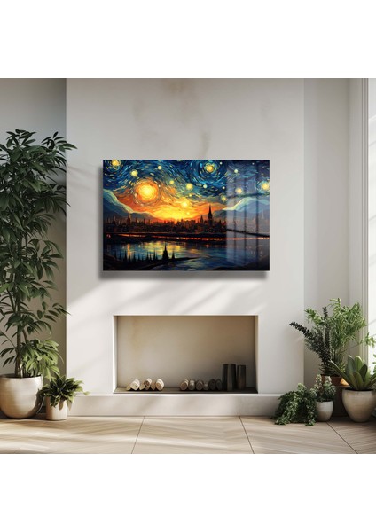 Van Gogh Tarzı Gece Dekorati̇f Yatay Cam Tablo modelleri
