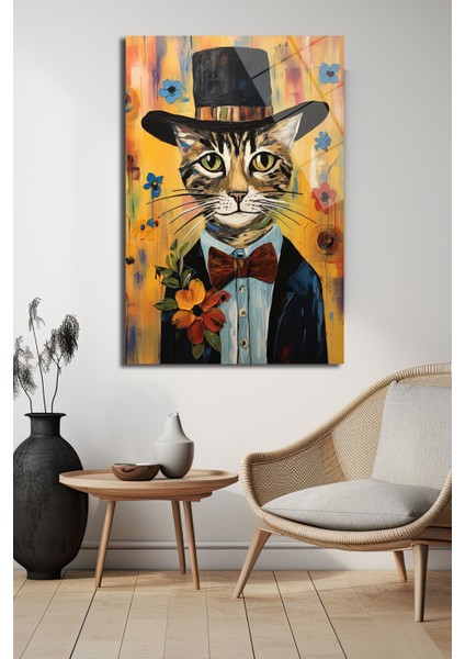 Kedi̇ Şapkali Di̇key Cam Tablo Dekorati̇f Tablo fiyatları