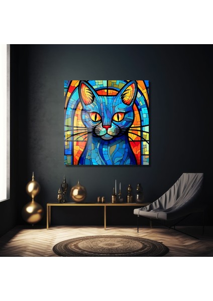 Renkli Kedi Kare Cam Tablo modelleri