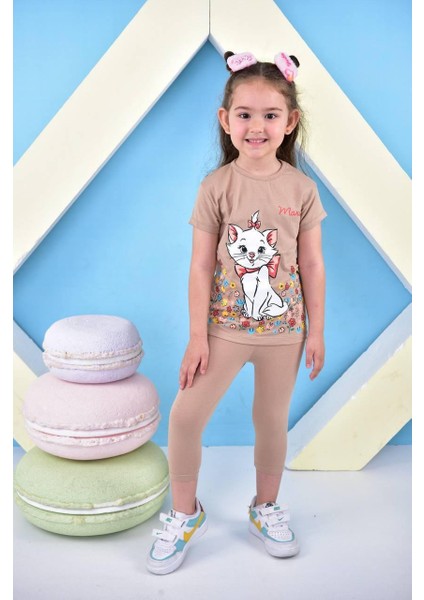 Kız Çocuk Kedi Baskılı Taytlı Alt Üst Takım