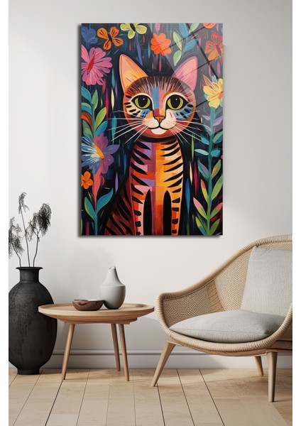 Çi̇çek Kedi̇ Di̇key Cam Tablo,dekorati̇f Tablo, Ev, Ofi̇s modelleri