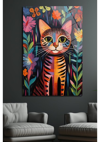Çi̇çek Kedi̇ Di̇key Cam Tablo,dekorati̇f Tablo, Ev, Ofi̇s fırsatları