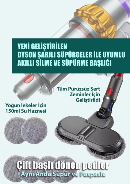 Dyson V7 V8 V10 V11 V12 V15 Uyumlu Paspas ve Süpürme Başlığı 4 Adet Yedek Bez(Su Haznesi Hediyeli)