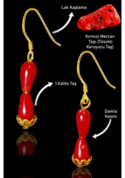 Sertifikalı 24K Altın Kaplama Damla Model Gerçek Kırmızı Mercan Taşı Küpe