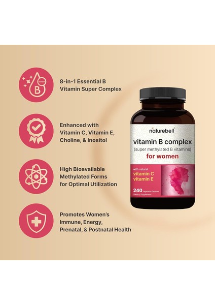 Vitamin B Complex For Women Super Methylated B12 Folate Biotin Choline Vitamin C Vitamin E 240 Kapsul