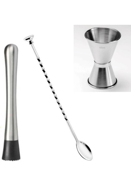 Kokteyl Seti 3lü Mojito Tokmağı + Tokmaklı Bar Kaşığı + Jigger 3/4.5 cl Bar Tokmağı Kaşığı Ölçeği