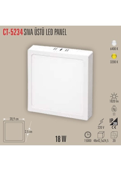 CT-5234 18W Sıva Üstü LED Panel Kare Beyaz