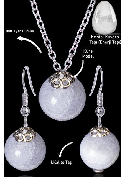 Sertifikalı Küre Model Kristal Kuvars Taşı Kolye ve Küpe Seti - Gümüş Aparatlı