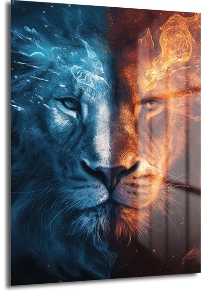 Su ve Ateş Aslan Dekorati̇f Di̇key Cam Tablo