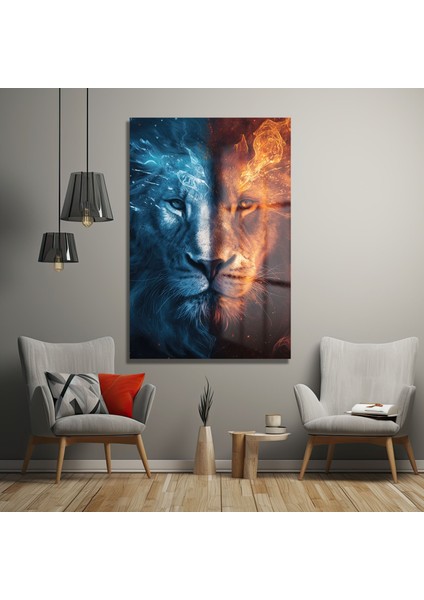 Su ve Ateş Aslan Dekorati̇f Di̇key Cam Tablo