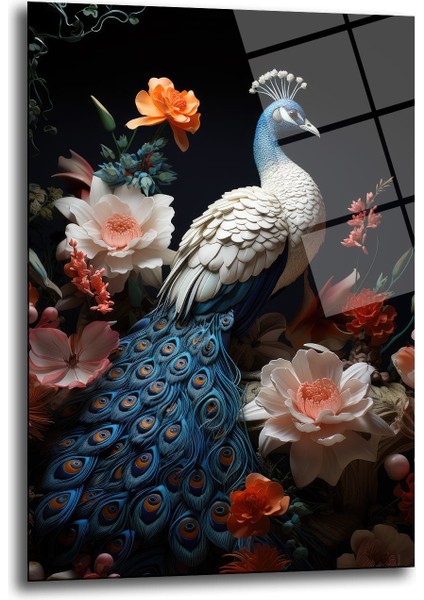 Tavus Kuşu Dekorati̇f Di̇key Cam Tablo, Ev Dekorasyon, Ofi̇s Dekorasyon