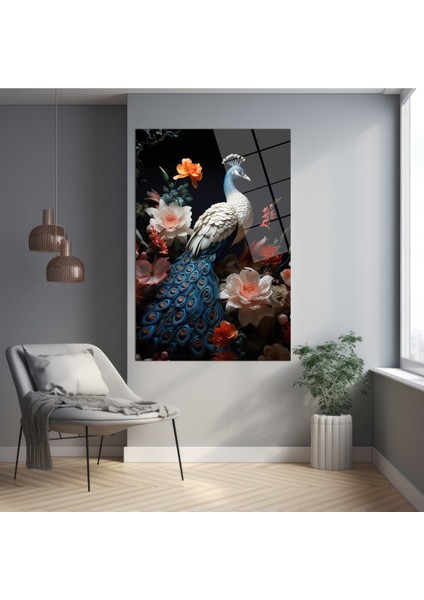 Tavus Kuşu Dekorati̇f Di̇key Cam Tablo, Ev Dekorasyon, Ofi̇s Dekorasyon modelleri
