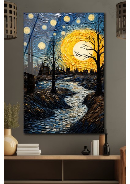 Van Gogh Temalı Akışkan Gece Di̇key Dekorati̇f Cam Tablo modelleri