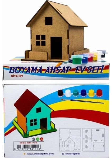 Ev Boyama Seti Ahşap Çitli 1 Paket Mdf Ev Maketi Çitli Akrilik Boya ve Resim Fırçası