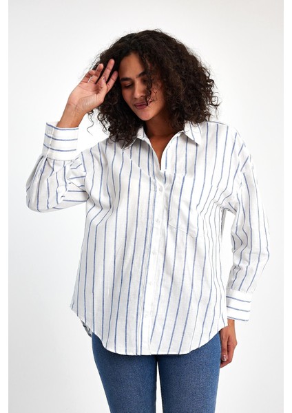 Mavi Çizgili Pamuklu Gömlek indirimleri