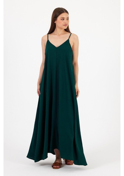 V Yaka Ayarlanabilir Omuz Askılı Uzun Elbise