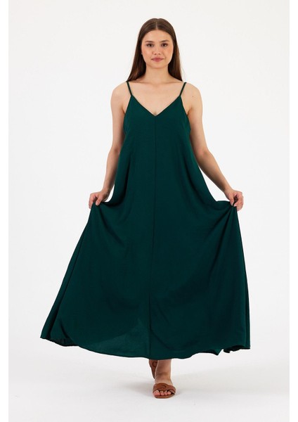 V Yaka Ayarlanabilir Omuz Askılı Uzun Elbise fırsatları