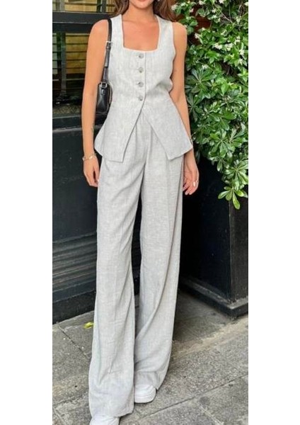 Kadın Keten Kare Yaka Yelek Pantolon Ikili Takım Tesettür Uyumlu Yelek Pantolon Ikili Takım modelleri