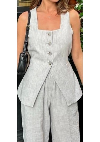 Kadın Keten Kare Yaka Yelek Pantolon Ikili Takım Tesettür Uyumlu Yelek Pantolon Ikili Takım indirimleri