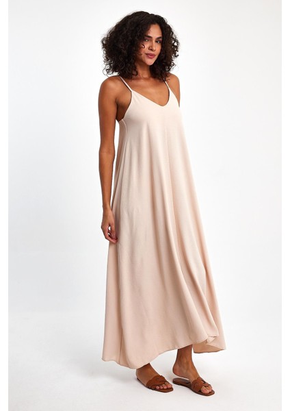 V Yaka Ayarlanabilir Omuz Askılı Uzun Elbise fiyatları