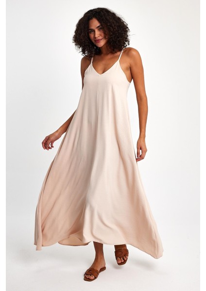 V Yaka Ayarlanabilir Omuz Askılı Uzun Elbise modelleri
