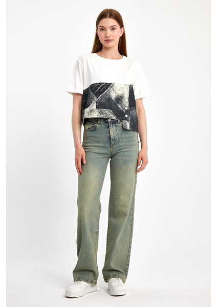Denim Parçalı Tişört