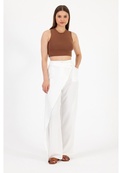 Kadın Belted Pantolon Geniş Paça Klasik Stil Polyester Beyaz
