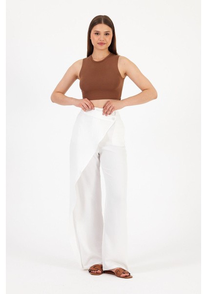 Kadın Belted Pantolon Geniş Paça Klasik Stil Polyester Beyaz modelleri