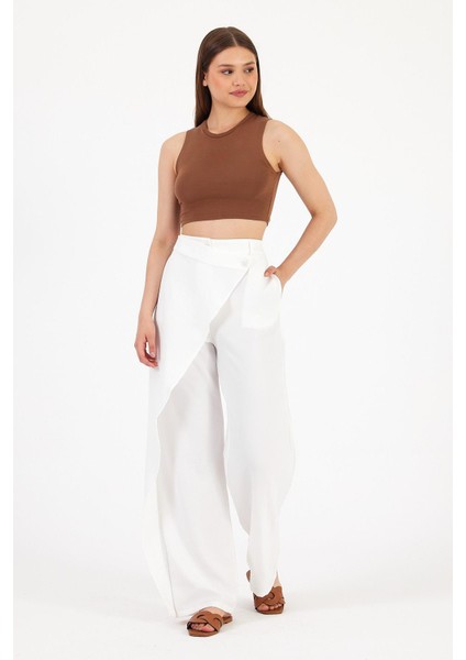 Kadın Belted Pantolon Geniş Paça Klasik Stil Polyester Beyaz fırsatları